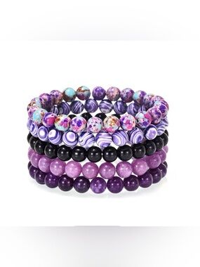 Set of 5 purple natural gemstone beaded bracelets. Stretch bracelets 7.48” New